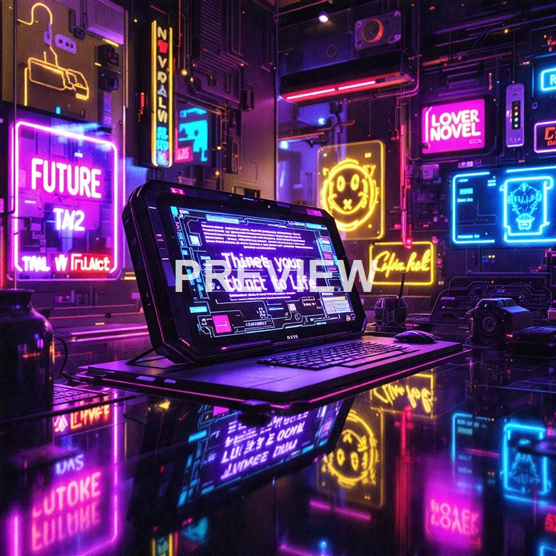 The image depicts a futuristic workspace with a laptop displaying digital text, surrounded by vibrant neon signs and holographic displays in a cyberpunk-style environment.